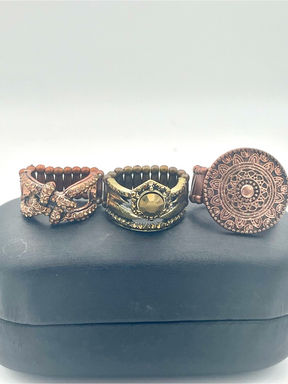 Boho Mixed Metal 3 Stretch Ring Set - Copper & Antique Gold. Size 8